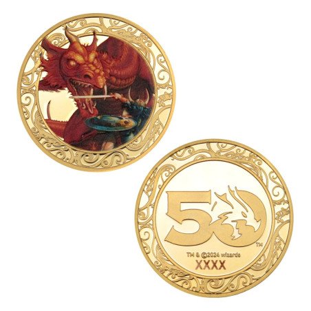 Dungeons & Dragons Moneda 50º Aniversario con Impresión en Color Edición Chapada en Oro de 24K 4 cm